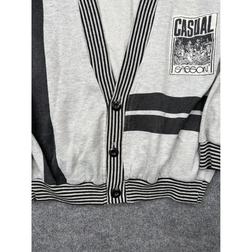 Vintage Sassoon Casual Cardigan Sweatshirt Mens Large Grey Black Striped 80s 90s